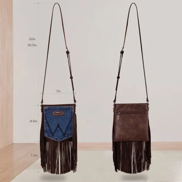 Wrangler Leather Fringe Jean Denim Pocket Crossbody - Coffee - Image 4