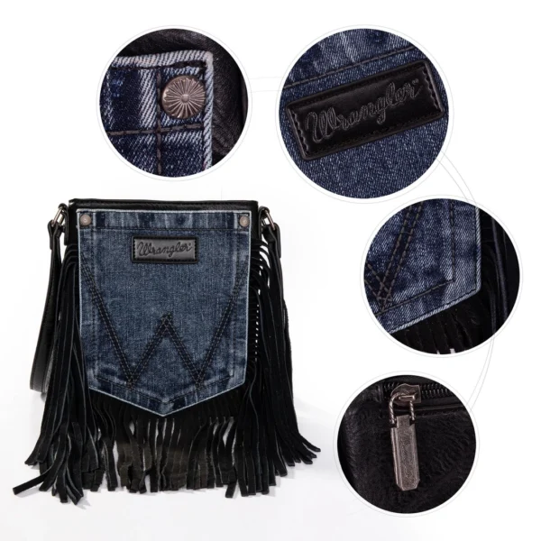 Wrangler Leather Fringe Jean Denim Pocket Crossbody – Black