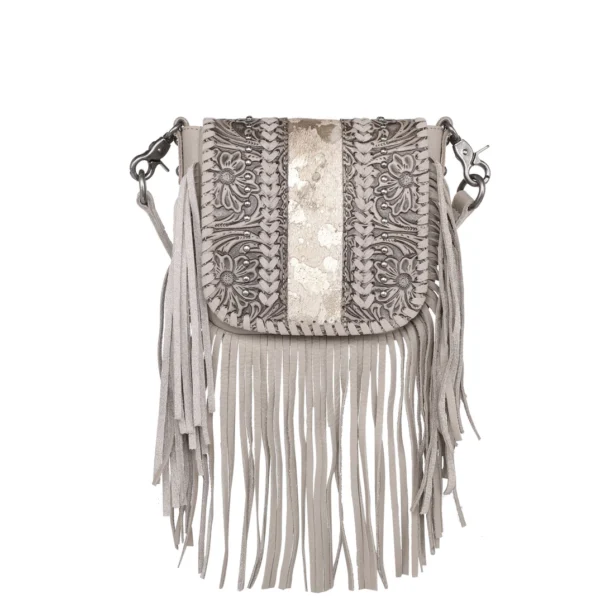 Montana West Genuine Leather Tooled Collection Fringe Crossbody Beige