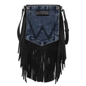 Wrangler Leather Fringe Jean Denim Pocket Crossbody – Black