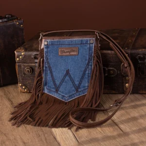 Wrangler Leather Fringe Jean Denim Pocket Crossbody – Coffee