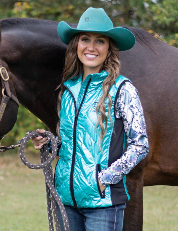 Cowgirl Tuff Vest Turquoise With Black Embroidery Logos