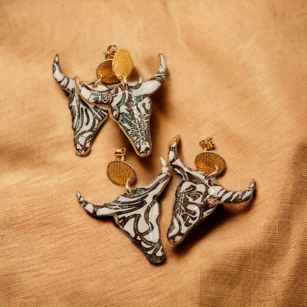 TPP – Glossed Faux Tooled Leather Polymer Clay Bull Earrings