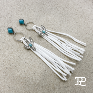 TPP – Turquoise and white leather tassel earrings with cactus pendants