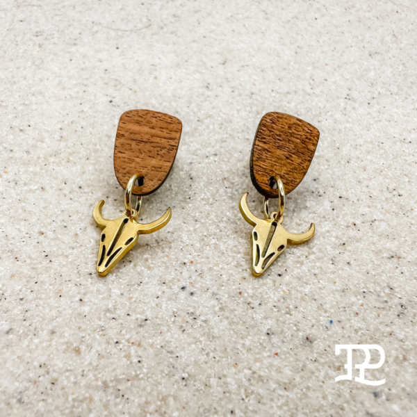 TPP – Bull Skull Earrings with Walnut Wood Studs