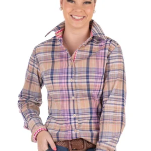 Hitchley & Harrow Fitted Collared Ranch Range Arena Shirt Beige & Pink Check