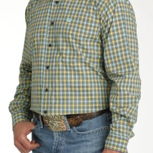 Cinch Men’s Plaid Button Down Western Shirt Turquoise/ Charcoal/ Gold