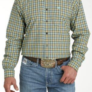 Cinch Men’s Plaid Button Down Western Shirt Turquoise/ Charcoal/ Gold