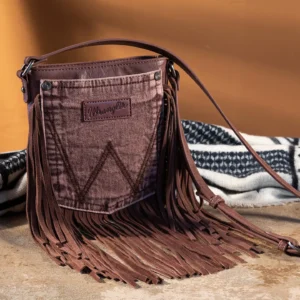 Wrangler Leather Fringe Jean Denim Pocket Crossbody – Light Coffee