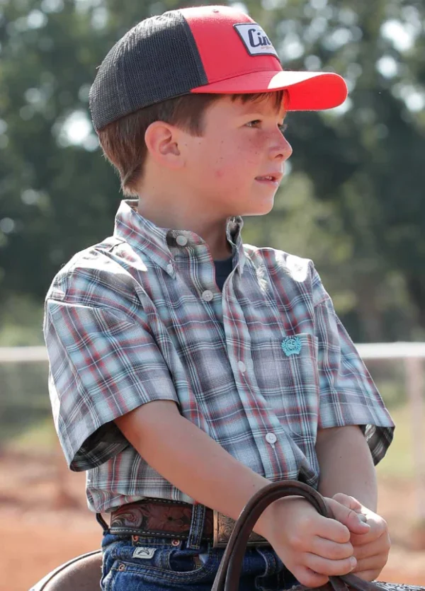 Cinch Youth Plaid Print Short Sleeve Button Up Shirt Red & Gray