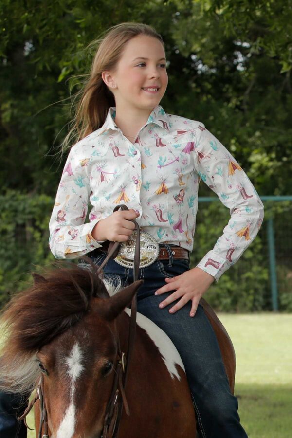 Cruel Girls Boot & Tepee Print Snap Front Western Shirt White