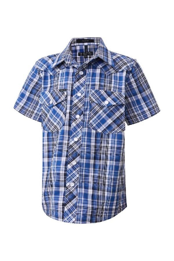 Pilbara Western Kids Snap Button S/S Shirt Blue-Black